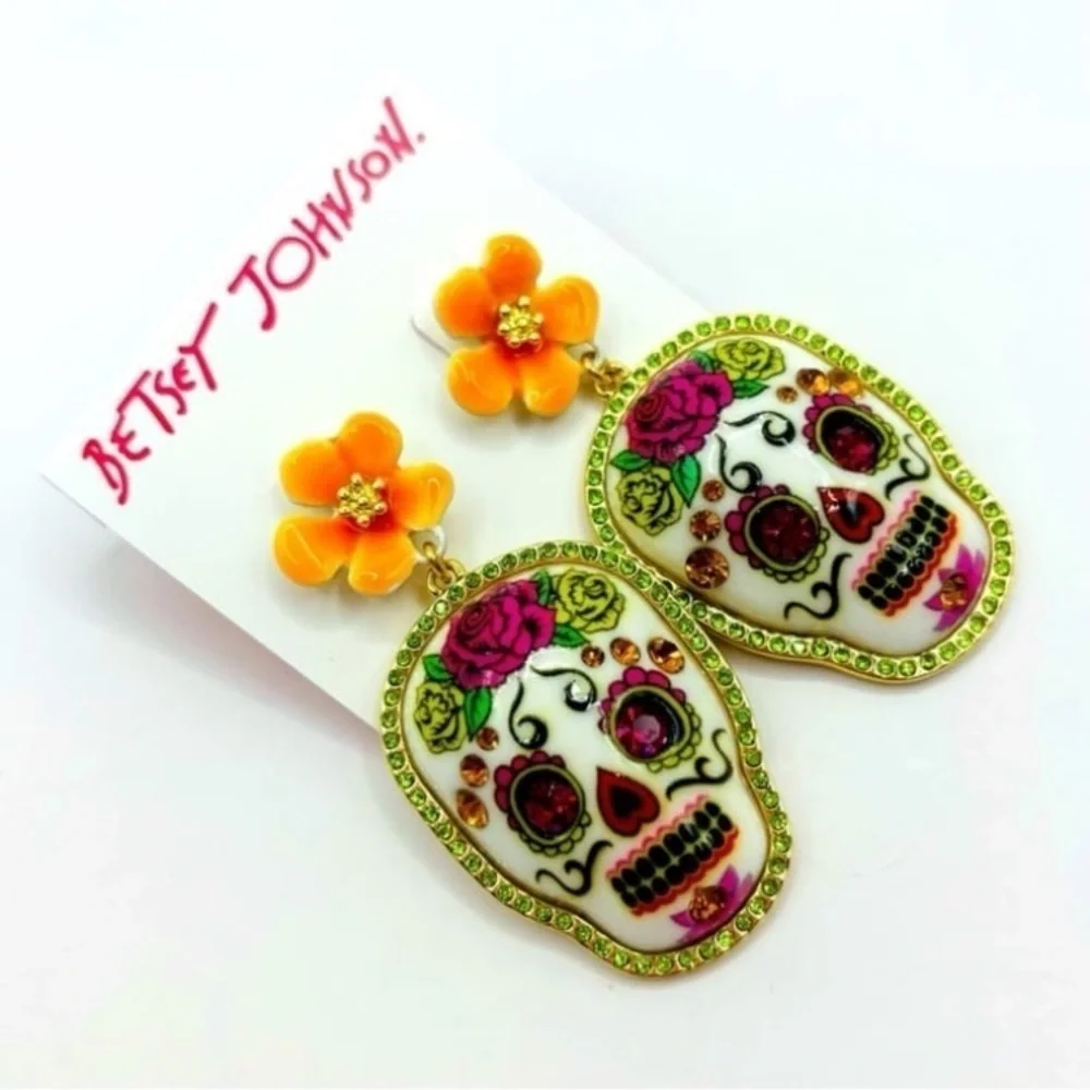 BETSEY JOHNSON SET Mexican Sugar Skull & Flower Day of the Dead Earrings NEW NWT